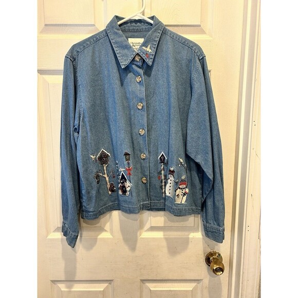 Christopher & Banks‎ Denim Button Down Top XL Snowman Winter Holiday Party - Picture 1 of 8